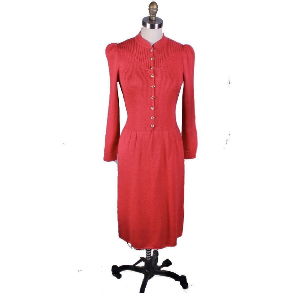 St. John Knit Vintage Red Wool Knit Dress 1970s S-M Amazing Buttons